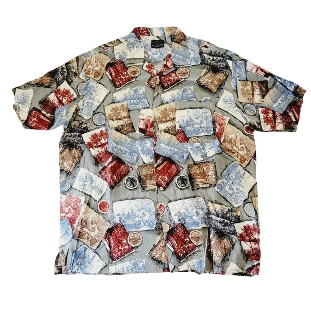 Greg‎ Norman L Hawaiian Shirt Men Short Sleeve Button Down Colorful Linen Blend